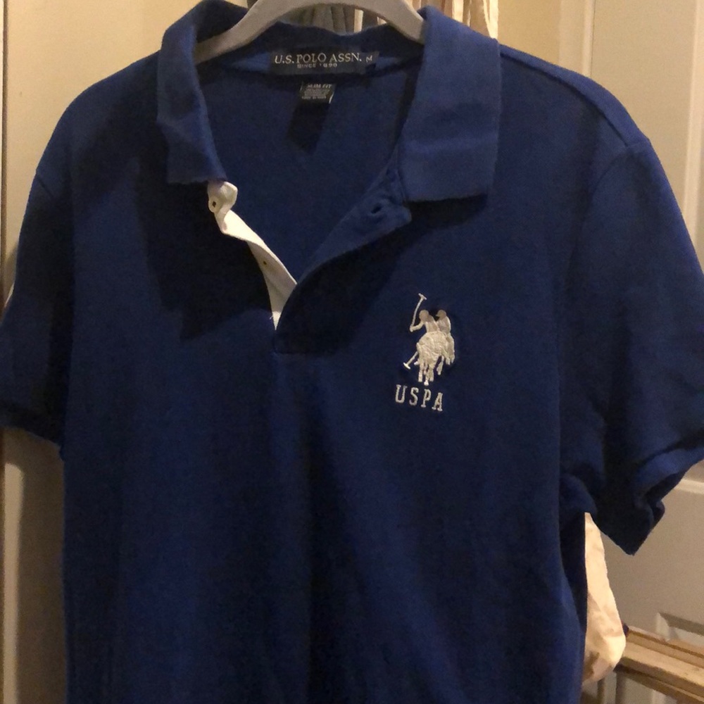 US POLO Assn blue and red and white polo with logo and numeral 3 on side